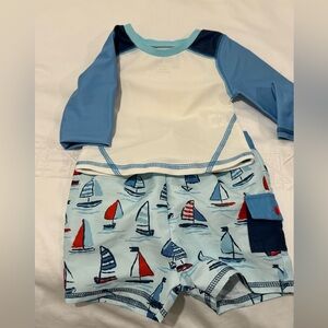 Mud Pie 6-9 Months Boys Sailboat Rash Guard & Trunk Set (WORN ONCE)